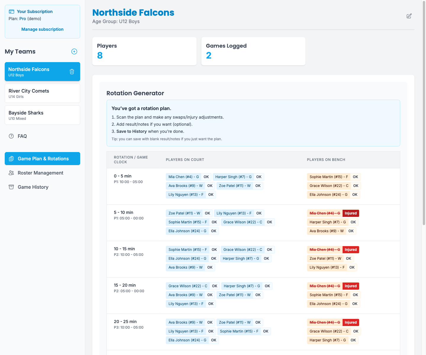 HoopTime live injury adjustment with the rotation rebalanced around an unavailable player